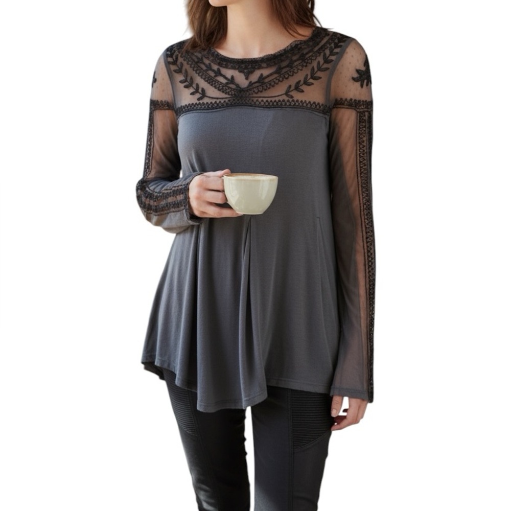 Free People washed black jojo sheer lace contrast long sleeve Blouse